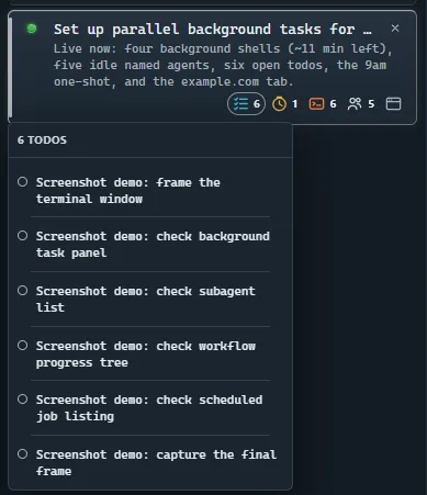A session in the sidebar with a row of icons along the bottom, each carrying a count for one kind of background work, and one of them hovered to open a card listing the items behind it.