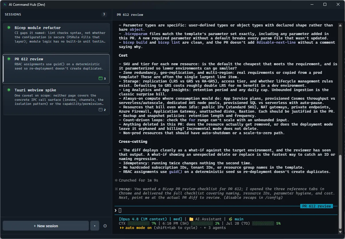 The CommandHub app, where the sidebar lists three sessions, each showing its own browser tab count, three, two, and none.